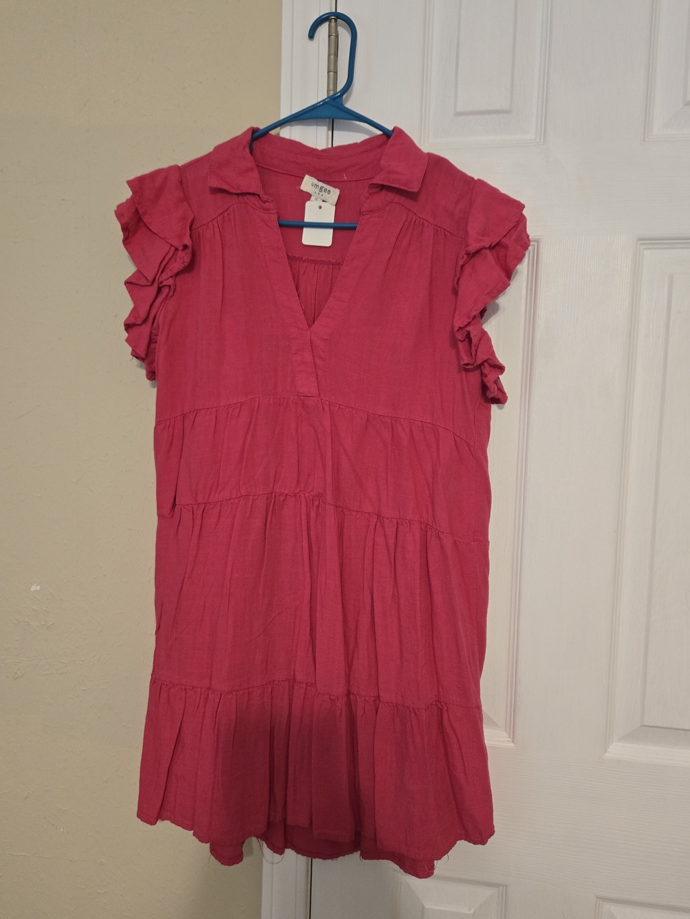 Umgee Fuchsia Tiered Ruffle Sleeve V-Neck Dress